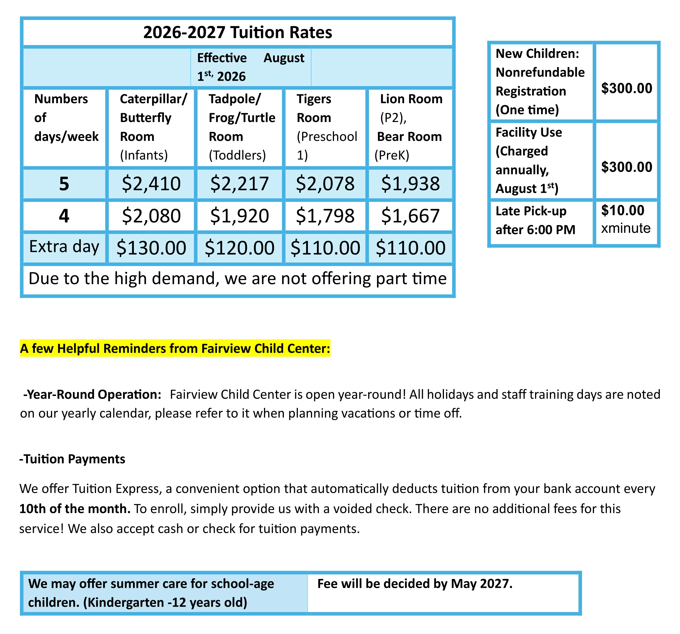 Fairview Child Center Tuition Rates 2026-2027